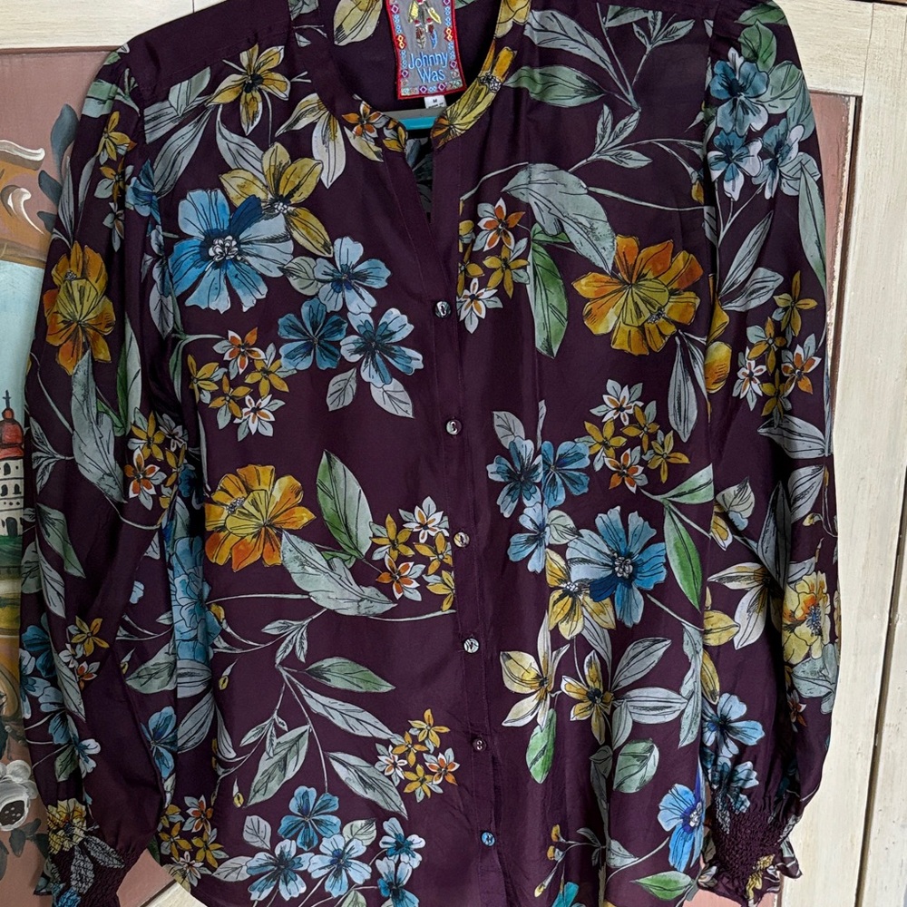 Johnny Was Silk Multicolor Floral Blouse